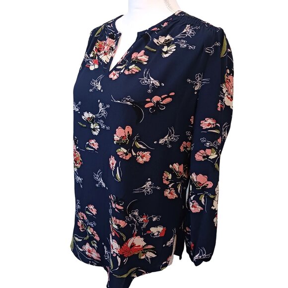 NEW Fun2fun Puff Sleeve Navy‎ Multi Floral Tunic Blouse with Pleated Design, S - Picture 2 of 8